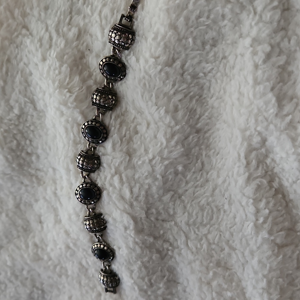 VINTAGE SILVER & BLACK MARCASITE ONYX ART DECO STYLE CLIP BRACELET